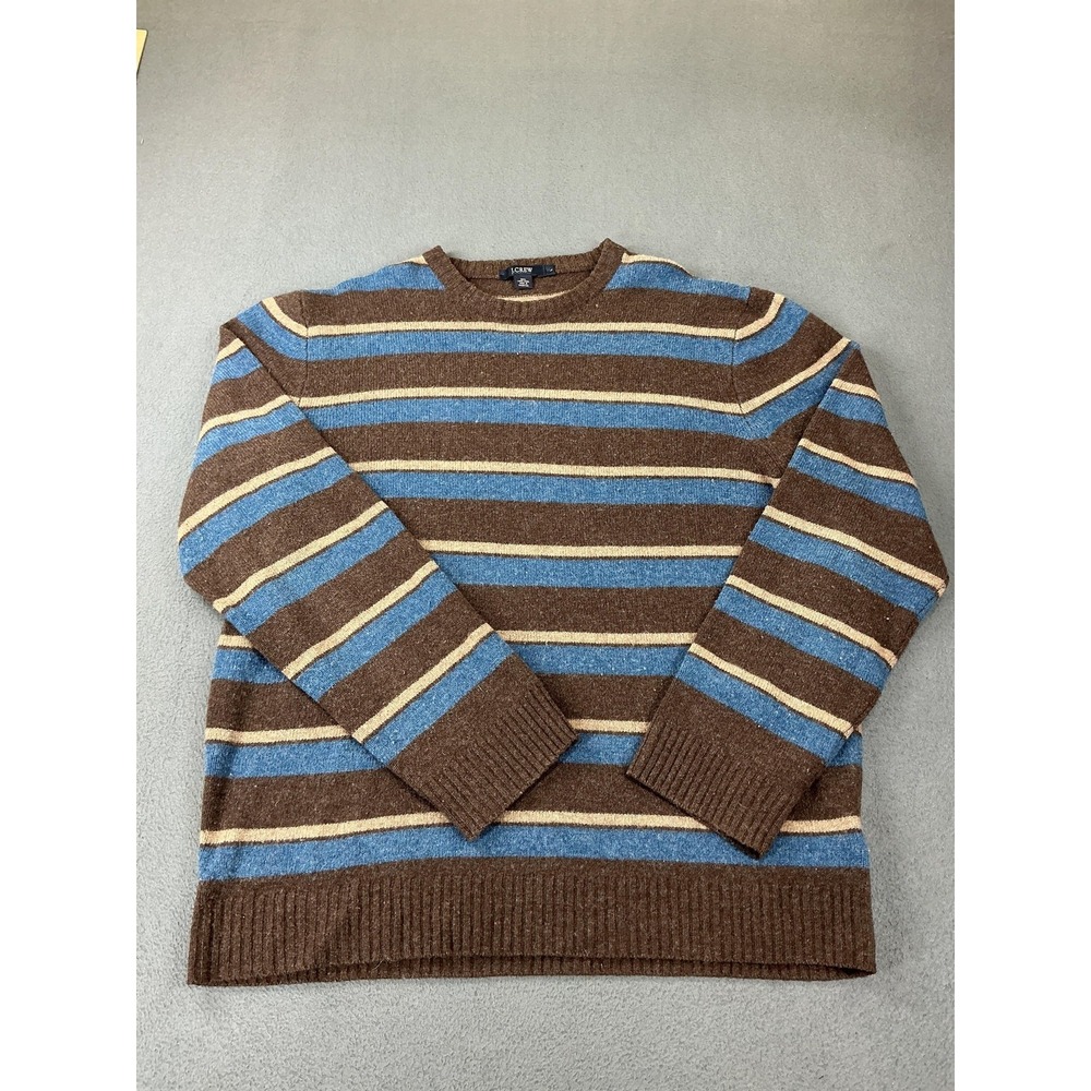 Vintage J.Crew Sweater Mens Large Brow Blue Stripe Lambswool Crewneck Knit Y2K